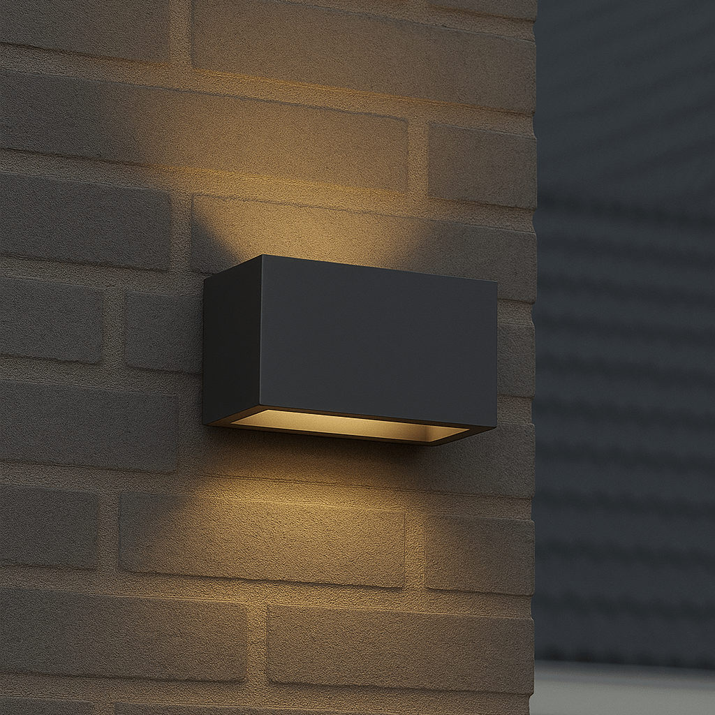 Een moderne, zwarte wandlamp met warm wit licht, bevestigd aan een bakstenen muur. Perfect voor buitenverlichting en moderne tuin- of terrasdecoratie.