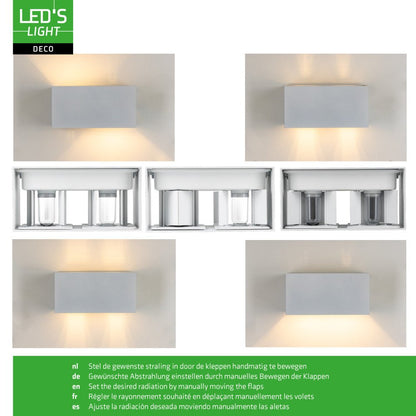 Een witte, rechthoekige wandlamp met warm wit licht, bevestigd aan een grijze bakstenen muur. Perfect voor buitenverlichting en moderne tuin- of terrasdecoratie.