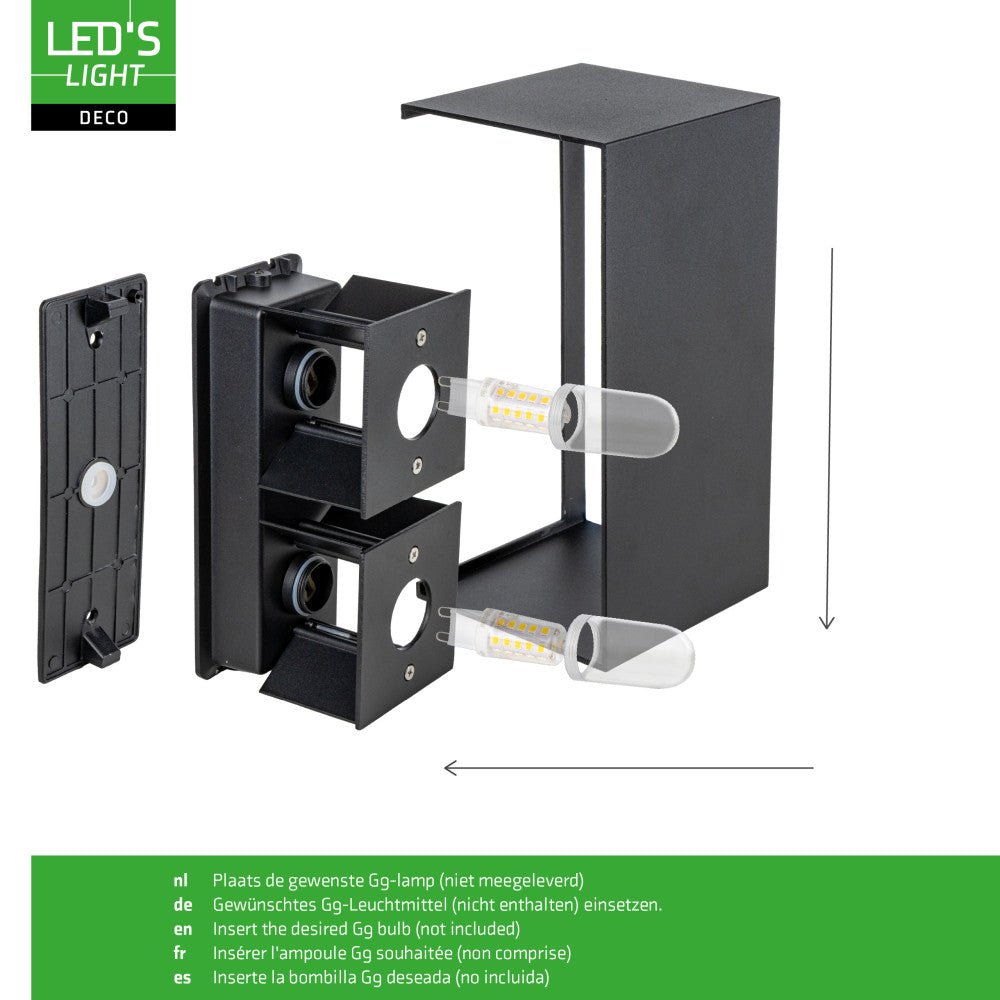 Comnox - Lumo Recta Zwart - Professionele buitenwandlamp - Duurzaam IP65 - Verstelbare kappen - LED G9 - 150 cm