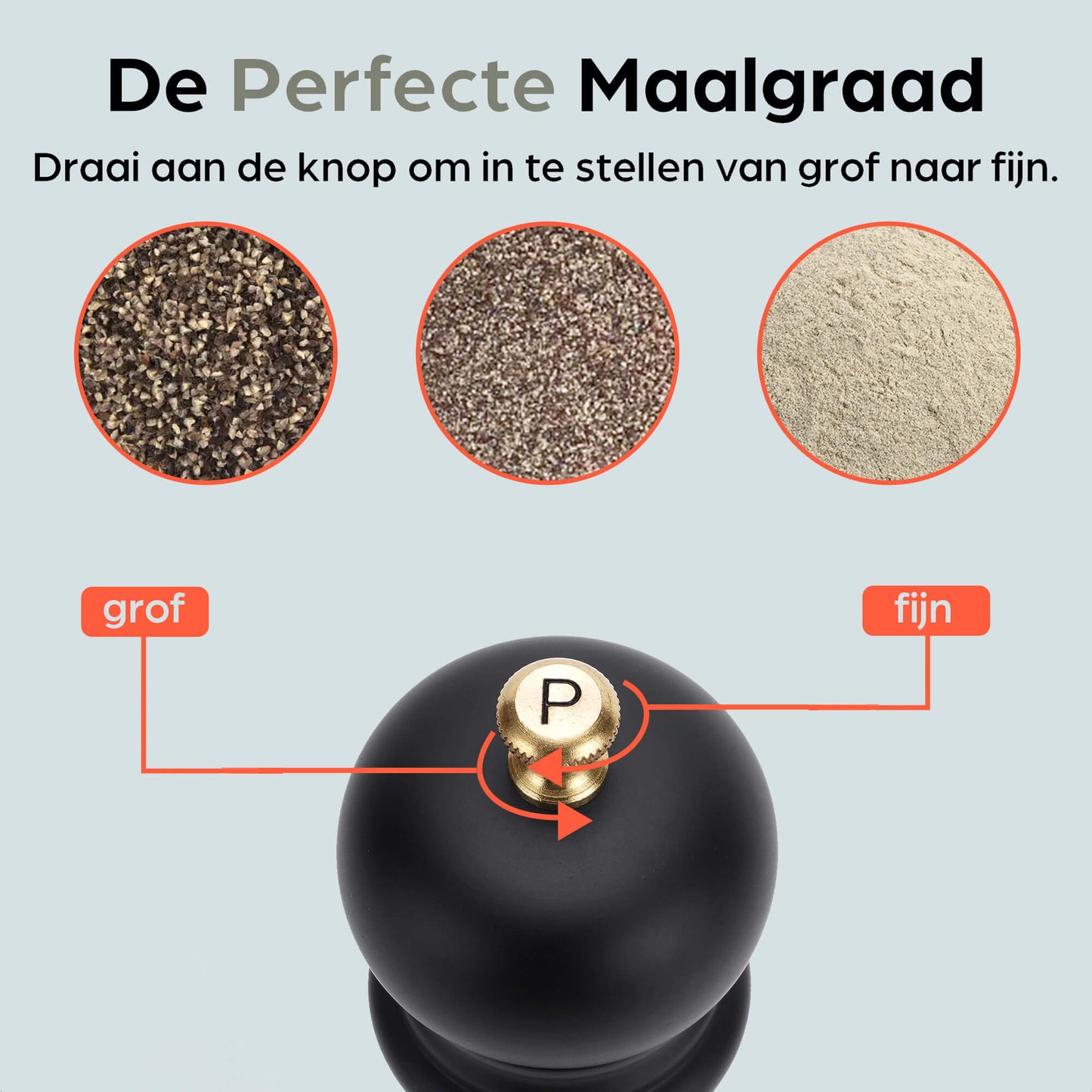 Een witte en zwarte houten pepermolen met goudkleurige doppen, geplaatst op een zwarte standaard met het merk 'hermanos'. Inclusief extra zilveren doppen voor keuken- en eetkamerdecoratie.