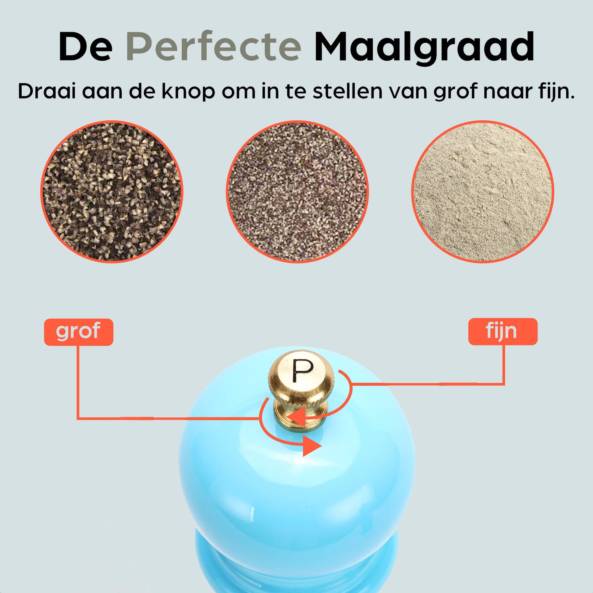 Blauwe houten pepermolen en zoutmolen met goudkleurige doppen, geplaatst op een blauwe standaard met het merk hermanos. Ideaal voor keukengereedschap en decoratieve keukenaccessoires.