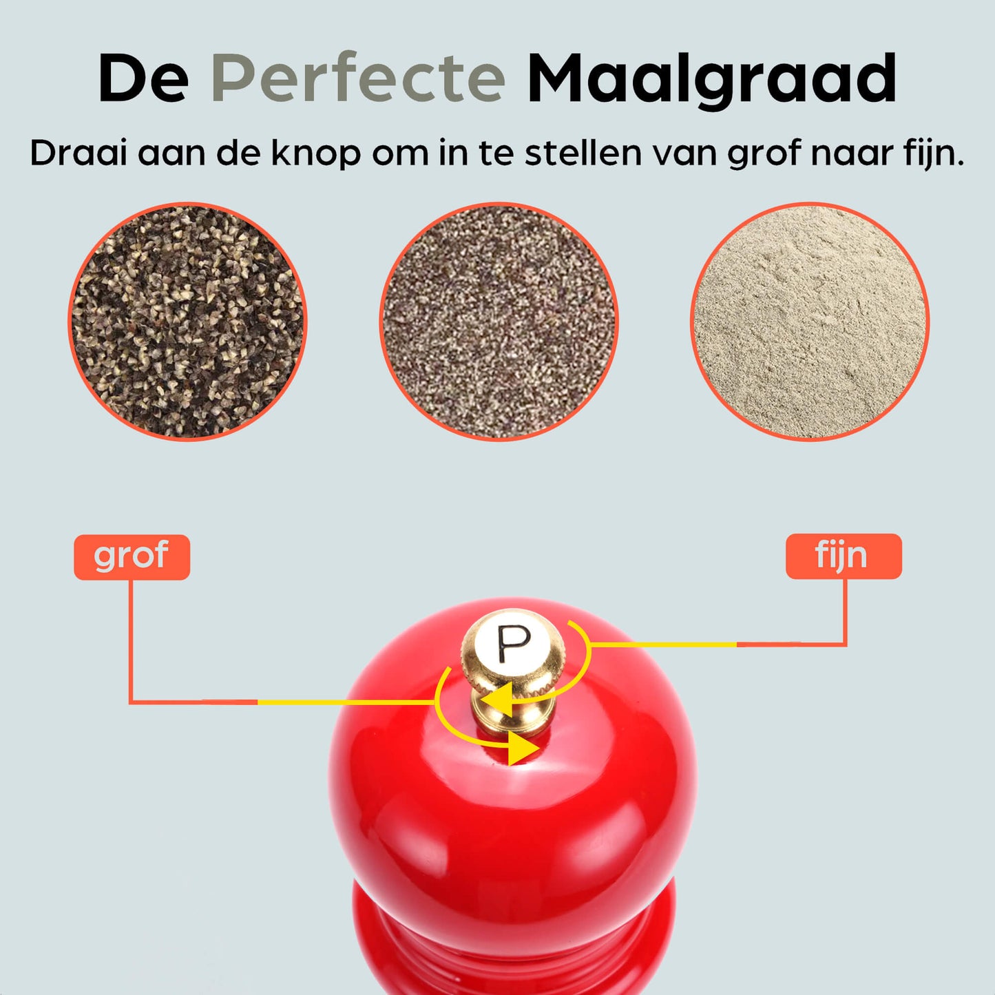 Rode houten peper- en zoutmolen van Hermanos, met glanzende lak en goudkleurige doppen, geplaatst op een donkerrode standaard met extra doppen voor keukengebruik.