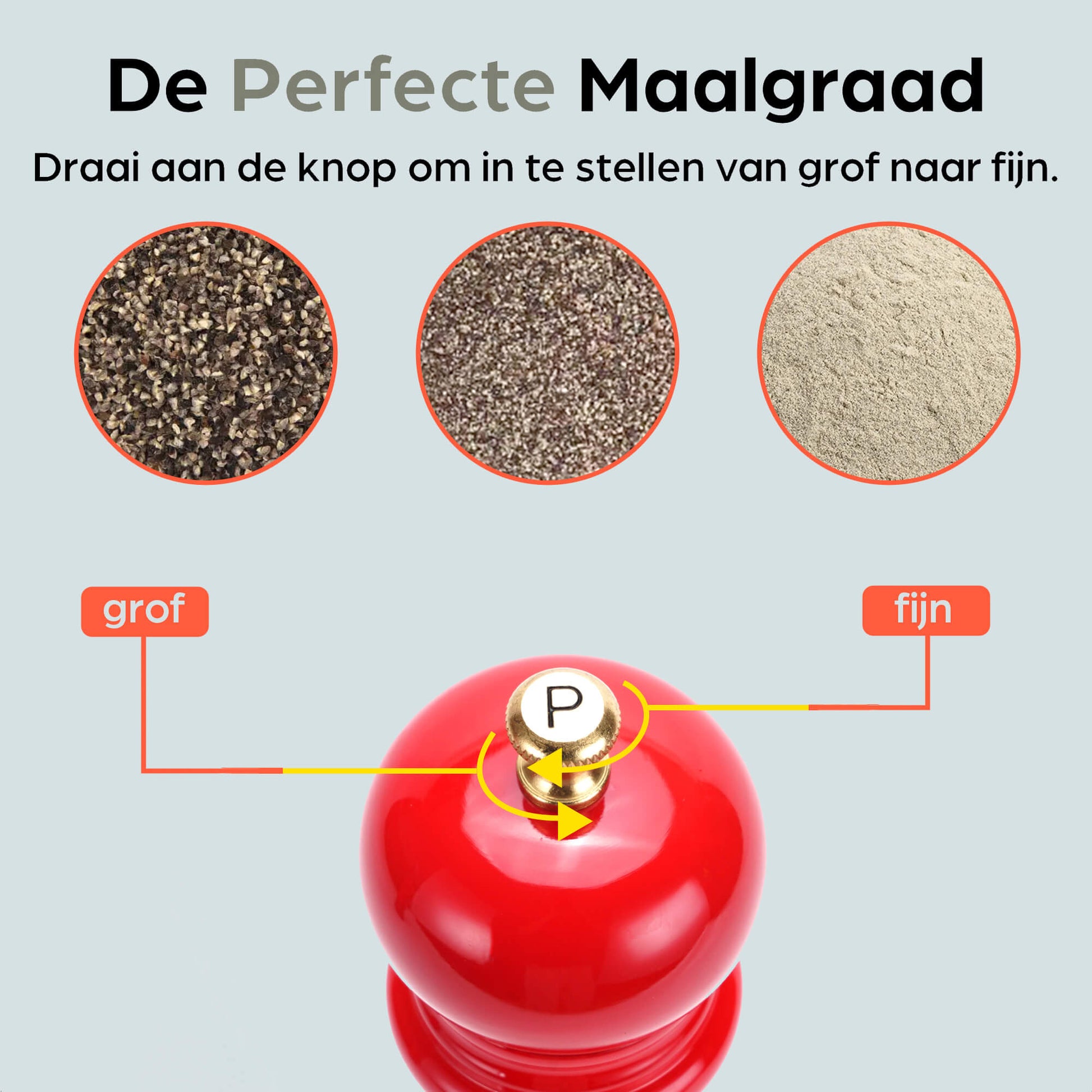 Rode houten peper- en zoutmolen van Hermanos, met glanzende lak en goudkleurige doppen, geplaatst op een donkerrode standaard met extra doppen voor keukengebruik.