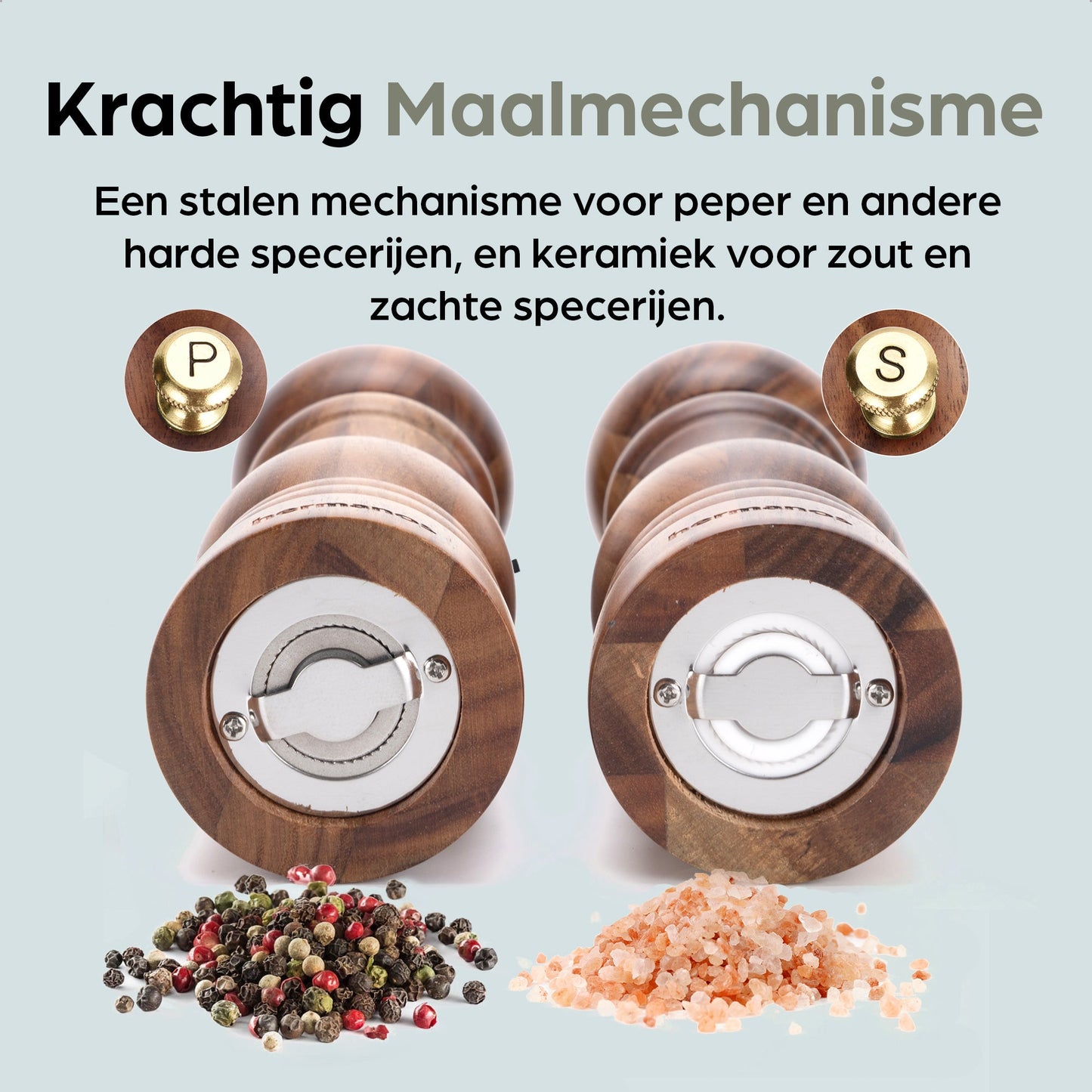 Houten pepermolen met instelbare maalgraad van grof naar fijn