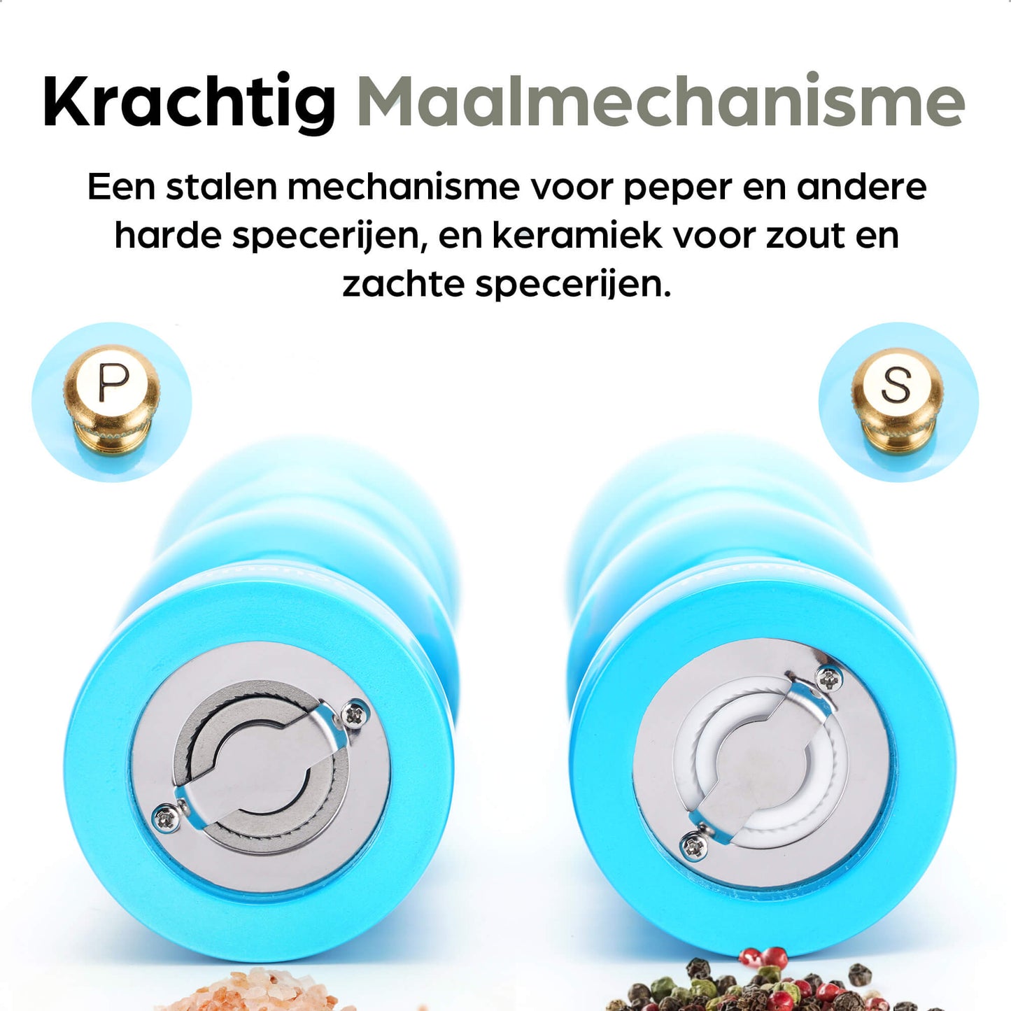Twee blauwe houten pepermolen en zoutmolen met goudkleurige doppen, geplaatst op een blauwe standaard met het merk hermanos. Inclusief extra doppen voor keuze, ideaal voor keukengereedschap en kookkunst.