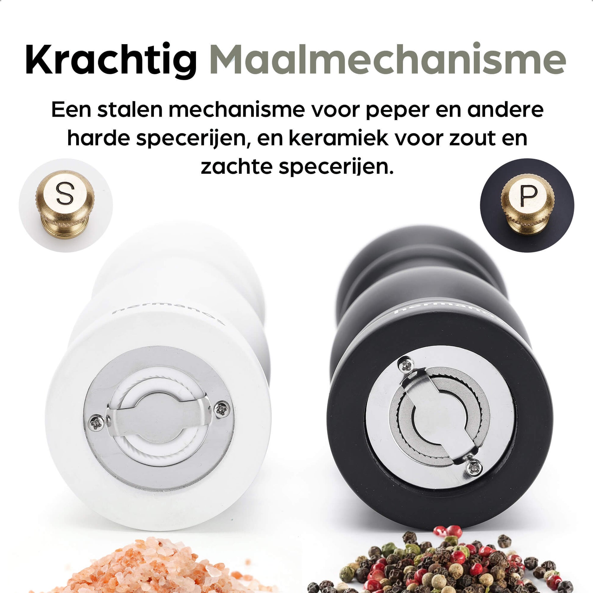 Een witte en zwarte houten pepermolen met goudkleurige doppen, geplaatst op een zwart standaard met het merk 'hermanos'. Inclusief extra metalen doppen voor keuken- en eetkamergebruik.