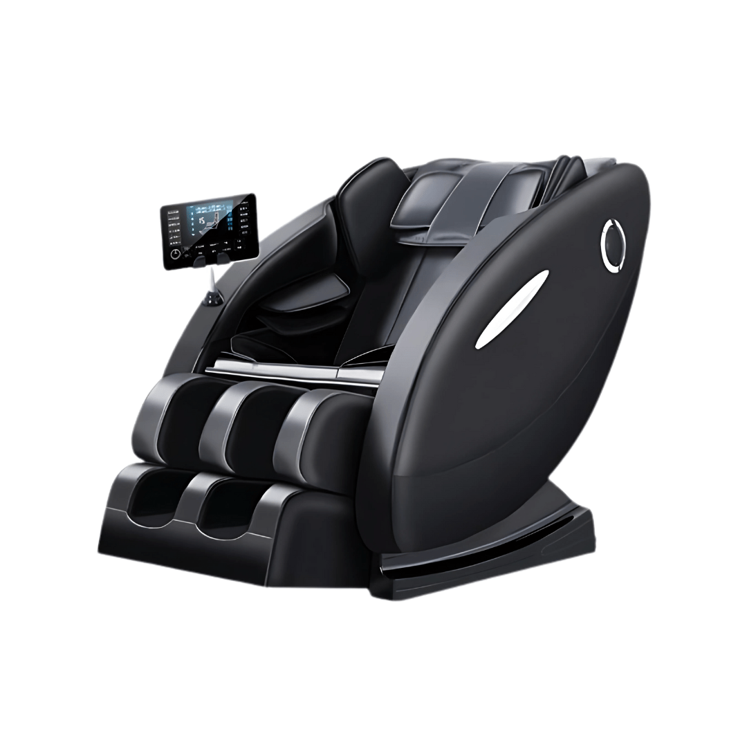 Zwarte massagestoel met glanzend leer, digitale bedieningspaneel en verstelbare hoofdsteun, geschikt voor thuisgebruik en ontspanning. Ideaal voor dagelijkse rust en lichamelijk welzijn.