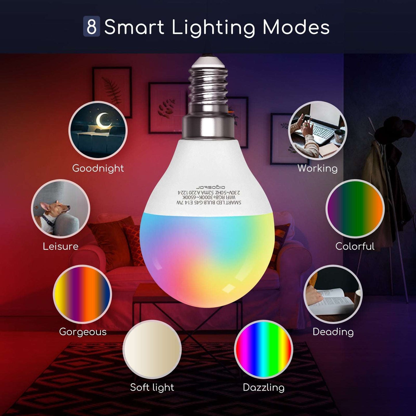 Een RGB+CCT smart LED-lamp met kleurverandering en temperatuurverandering van 3000K tot 6500K, geschikt voor slimme thuisverlichting via smartphone-app.