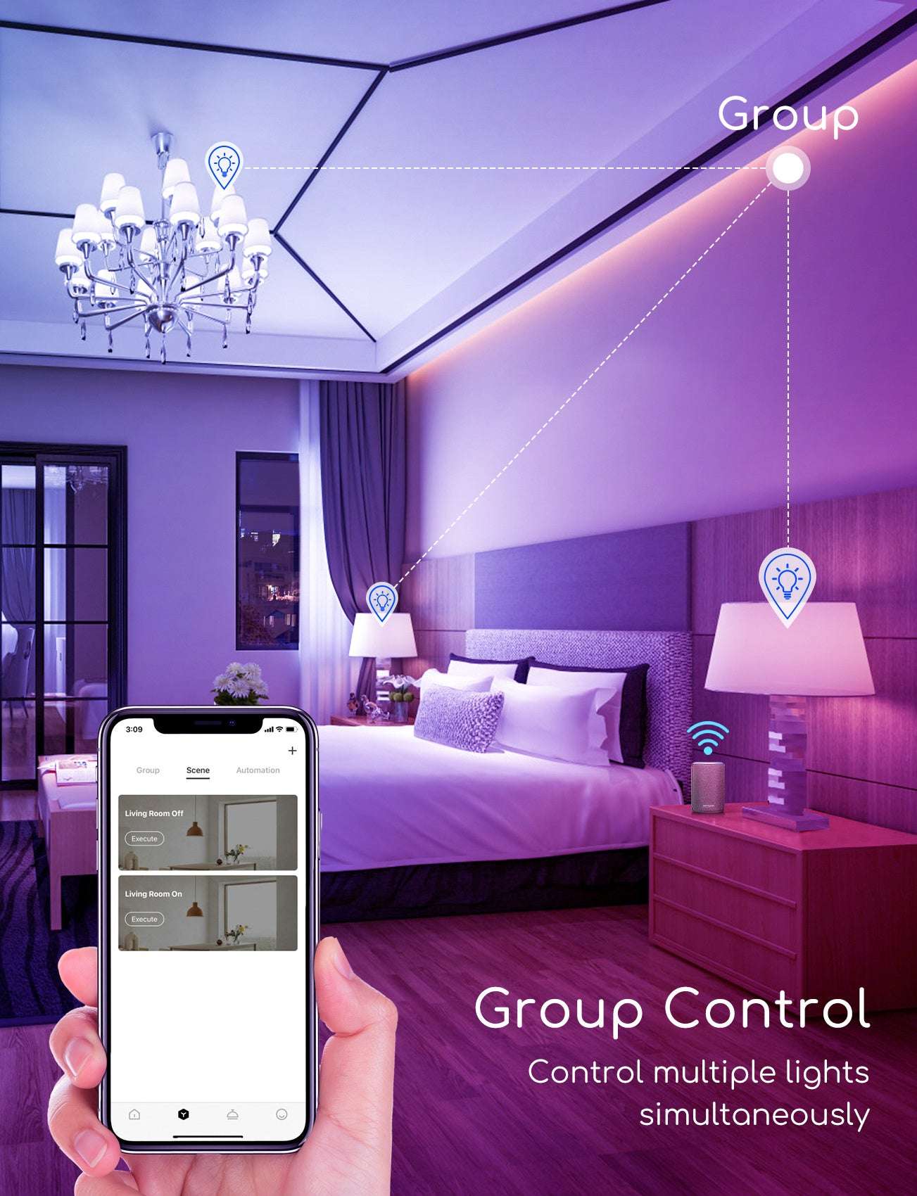 Een RGB+CCT smart LED-lampje met kleurrijke verlichting, witte bovenkant en zilveren E14-schroefdraad, bedienbaar via smartphone voor sfeerverlichting in woon- en werkomgevingen.