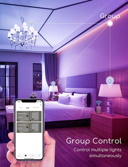 Een RGB+CCT smart LED-lampje met kleurrijke verlichting, witte bovenkant en zilveren E14-schroefdraad, bedienbaar via smartphone voor sfeerverlichting in woon- en werkomgevingen.