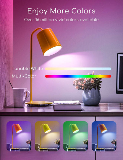 Een RGB+CCT smart LED-lampje met kleurrijke verlichting, witte bovenkant en zilveren E14-schroefdraad, bedienbaar via smartphone voor sfeerverlichting in woon- en werkomgevingen.