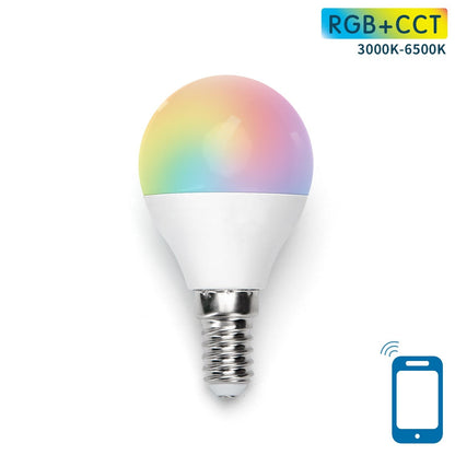 Een RGB+CCT smart lamp met kleurverandering en temperatuurverandering van 3000K tot 6500K, geschikt voor slimme huishouding en app-gecontroleerde verlichting.