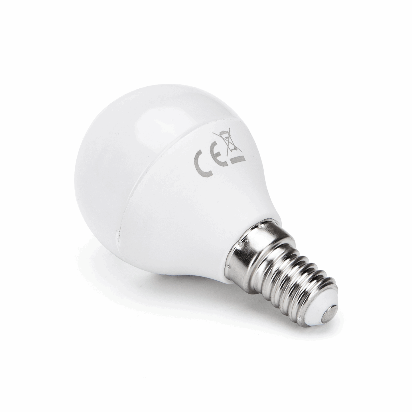 Een RGB+CCT smart lamp met kleurverandering van 3000K tot 6500K, witte glazen kap en zilverkleurige E14-schroefdraad, bedienbaar via smartphone voor thuisverlichting.