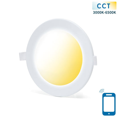 Een witte, ronde LED-plafondlamp met warm wit licht, uitgerust met een smartphone-app voor afstandsbediening en een kleurverandering van 3000K tot 6500K, ideaal voor moderne interieurs.