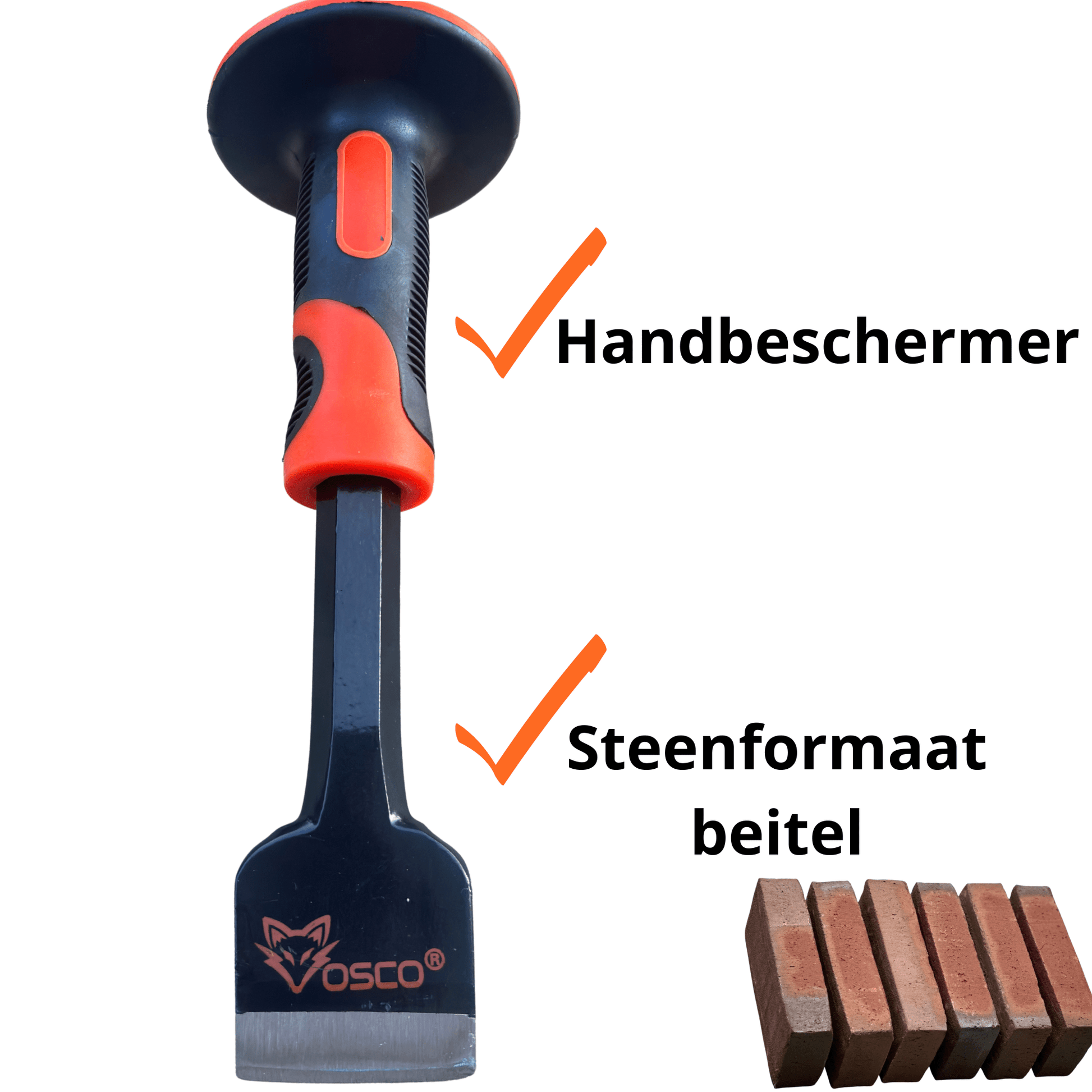 Een OSO-chisel met zwart-oranje grip en scherpe staalrand, geschikt voor houtbewerking en precisie. Gebruik voor houtsnijden en -bewerken in werkplaats of tuin.