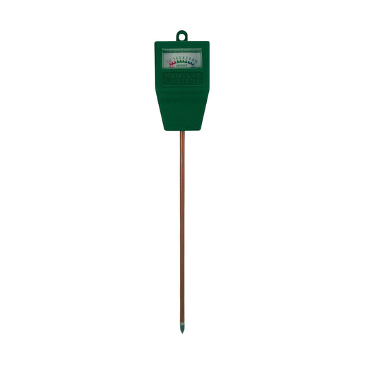 Groene grondvochtmeter met analoge wijzerplaat en metalen stok, geschikt voor tuinbouw en plantenverzorging. Meetinstrument voor nauwkeurige vochtwaarden in aarde en bodem.