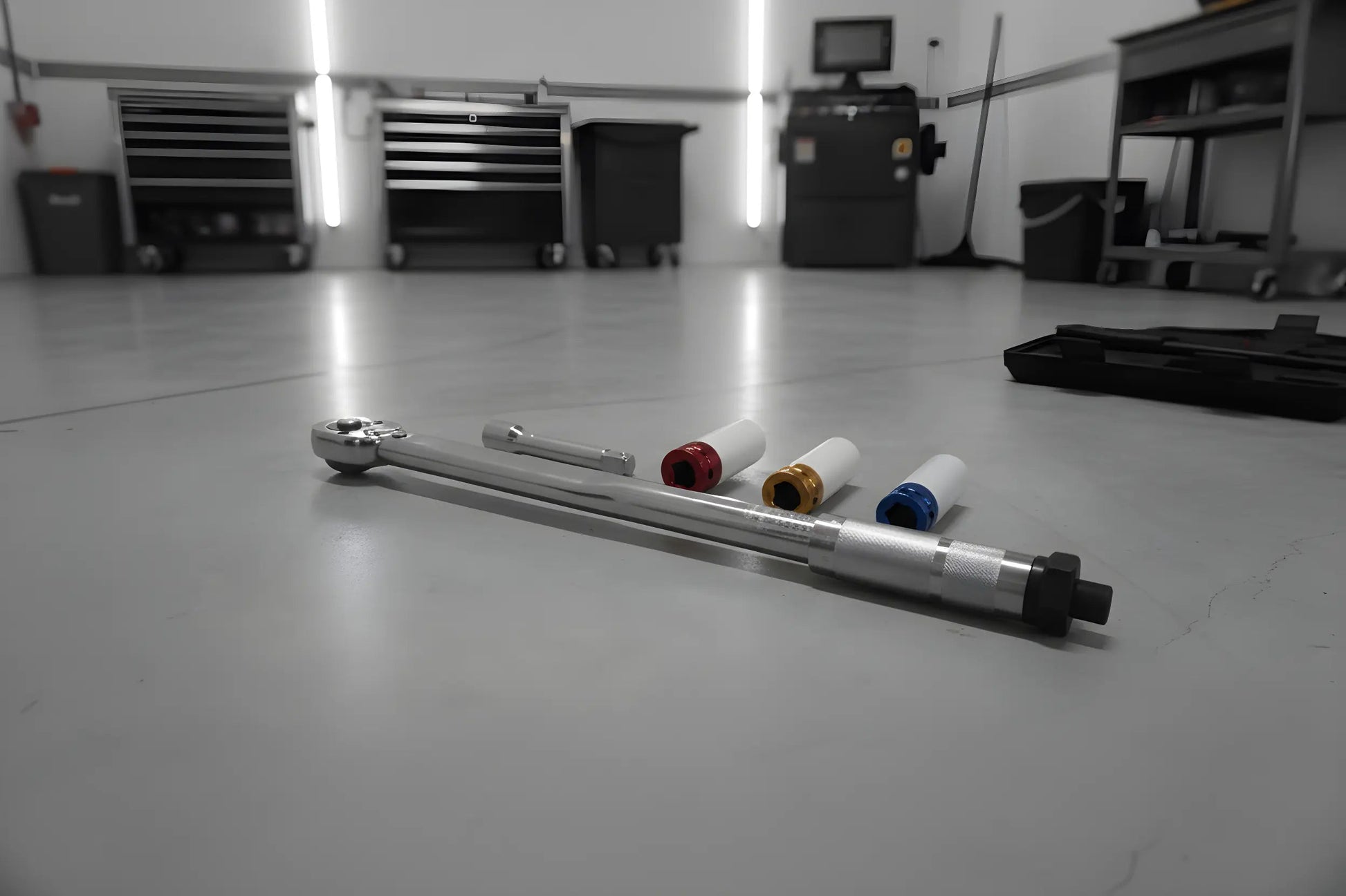 Zilverkleurige schroefspanner in zwarte houder, met kleurrijke (blauw, geel, rood) accessoires. Geschikt voor precisie- en reparatiewerkzaamheden in de auto- en houtbewerkingssector.