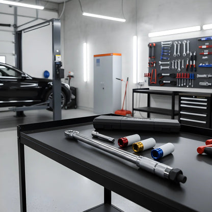 Zilverkleurige schroefspanner in zwarte houder, met kleurrijke (blauw, geel, rood) aanpasbare koppen. Geschikt voor precisie-schroefwerk in auto’s en industriële toepassingen.