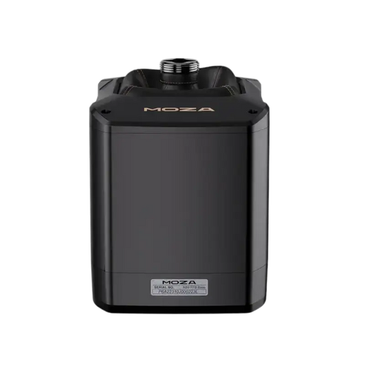 Zwart Moza stabilisatiesysteem met zichtbare montagekraan en merknaam. Geschikt voor professionele videoproducenten en camera’s die stabiliteit en precisie nodig hebben bij shooting.