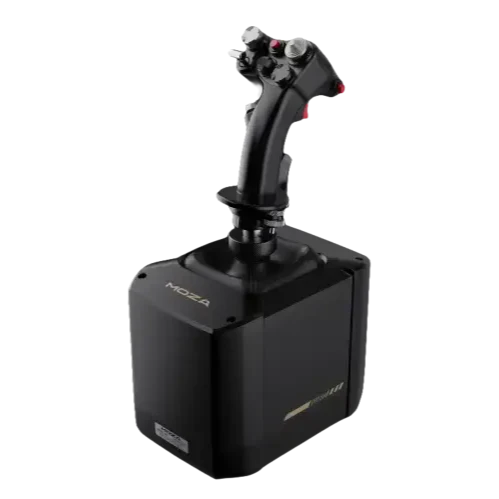 Zwarte MOZA gimbal met stuurknuppel voor vliegtuig- en dronebesturing. Met rode knoppen en metalen details, geschikt voor professionele videoproducenten en enthousiaste pilootgebruikers.