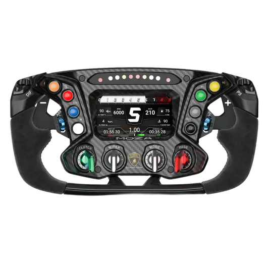 Zwart racestuur met carbonlook en kleurrijke knoppen, inclusief Lamborghini-logo. Geschikt voor racegames en simulator-ervaringen met realistische bediening.