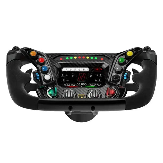 Zwart racestuur met carbonlook en kleurrijke knoppen, inclusief Lamborghini-logo en digitale display. Geschikt voor racegames en simulator-ervaringen met realistische bediening.