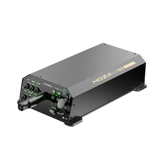 Zwart metalen MOZA stabilisatiesysteem met goudkleurige logo, groene LED-indicatoren en draaiknoppen. Geschikt voor professionele videoproducenten en drone-gebruikers.