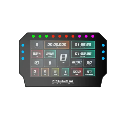 Moza Racing racecomputer met kleurrijke digitale display, toont real-time gegevens zoals snelheid, RPM en brandstof. Geschikt voor raceauto’s en motorsporttoepassingen.
