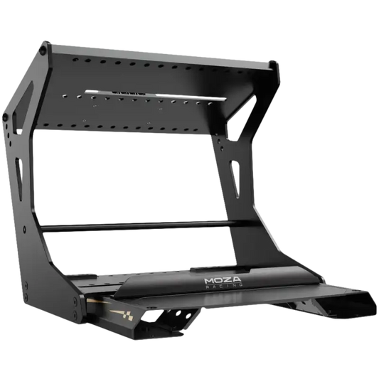 Zwart metalen MOZA Racing stuurwielhouder met verstelbare montageplaten en schuifbare onderdelen, speciaal ontworpen voor race- en gamingstoelen. Geschikt voor professionele race- en gamingtoepassingen.