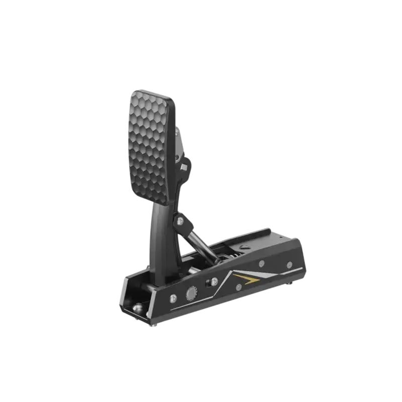 Zwart MOZA racepedaal met drie textuurrijke voetpedalen en goudkleurige details, geschikt voor racegames. Carbonlook basis met merknaam, voor realistische simulatie en precisie.