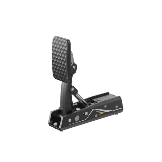 Zwart MOZA racepedaal met drie textuurrijke voetpedalen en goudkleurige details, geschikt voor racegames. Carbonlook basis met merknaam, voor realistische simulatie en precisie.