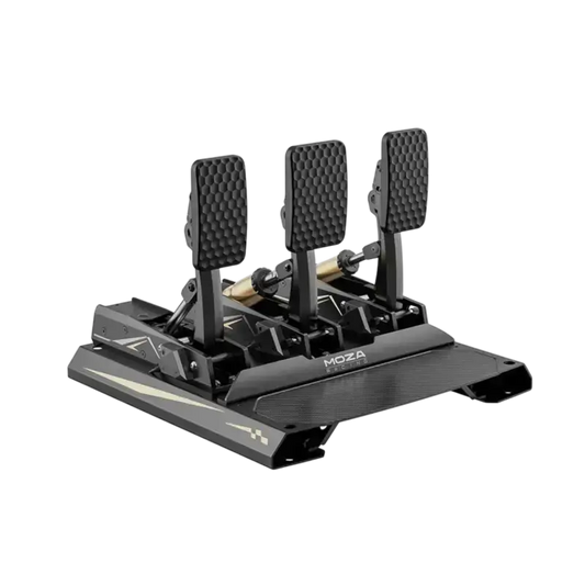 Zwart MOZA racepedaal met drie pedalen en hexagonale textuur, gemaakt van metaal met carbonlook basis. Geschikt voor racegames en professionele simulaties.