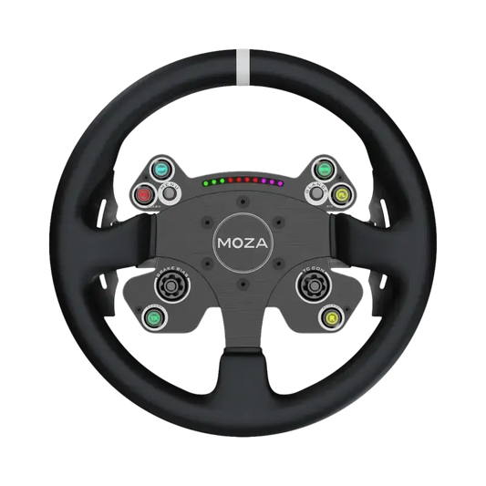 Zwart racestuur met het MOZA-logo, uitgerust met kleurrijke knoppen en een LED-indicator. Geschikt voor racegames en professionele simulaties.