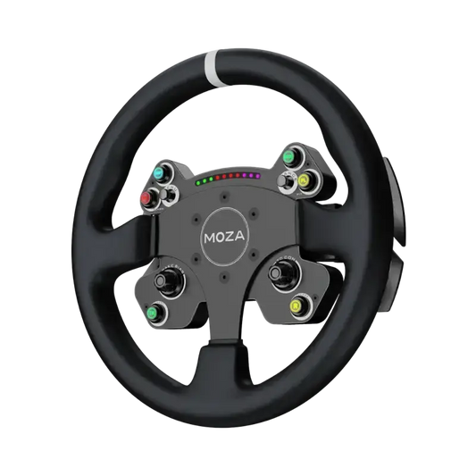 Zwart racestuur met het MOZA-logo, uitgerust met kleurrijke knoppen en een LED-indicator. Geschikt voor racegames en professionele simulaties.