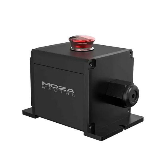 Zwart metalen MOZA Racing-gereedschap met rode knop en zichtbare montagevoeten, speciaal ontworpen voor racingsport en professionele video-opnames.