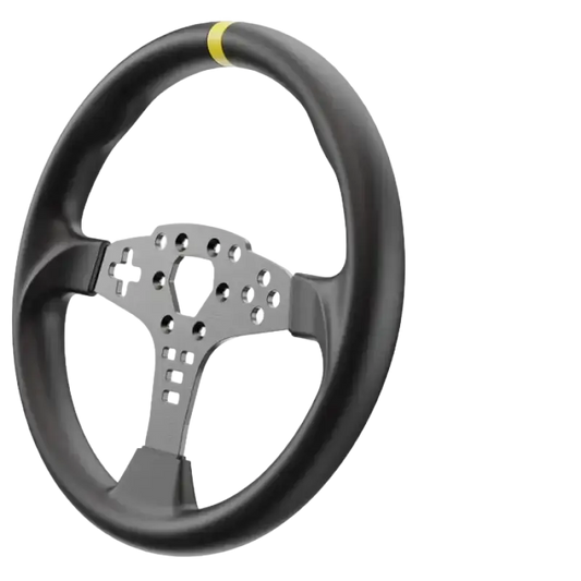 Zwart stuurwiel met sportieve vorm en een opvallende gele accentstrip bovenaan, geschikt voor raceauto’s en modderrijden. Gemaakt van duurzaam materiaal met precisiegeboorde montageschroeven.