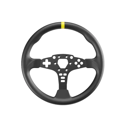 Zwart stuurwiel met sportief ontwerp en een opvallende gele accentstreep bovenaan, geschikt voor raceauto’s en modderrijden. Geschikt voor gebruik in raceauto’s en modderrijden.