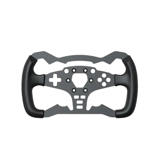 Zilverkleurige gaming-stuurwielhouder met gestroomlijnde vorm en zichtbare montageschroeven, geschikt voor PlayStation 4 en Xbox One. Geschikt voor racegames en simulator-ervaringen.