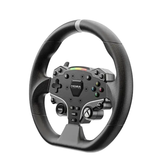 Zwart racingstuur met textuur, kleurrijke knoppen en het Moza Racing-logo. Geschikt voor PC- en console-racegames, met duidelijke bedieningselementen voor realistische simulatie.