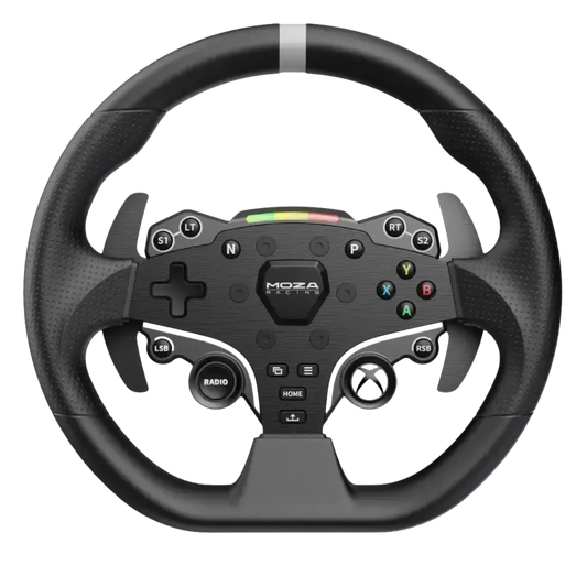 Zwart racingstuur met textuur, bedieningsknoppen en kleurrijke gamepadfuncties. Geschikt voor PC- en console-racinggames met hoge precisie en realistische feedback.