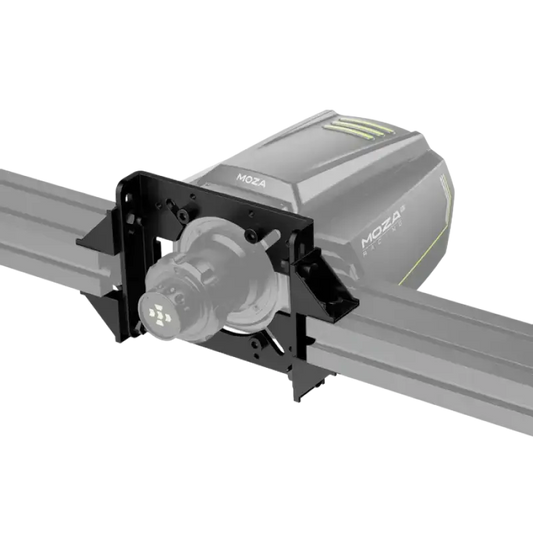 Moza Race 2 drone stabilisator in zilver met gele accenten, geïntegreerd in een zwart montageframe op een railsysteem, speciaal ontworpen voor dynamische videoproduktie en professionele dronefilming.