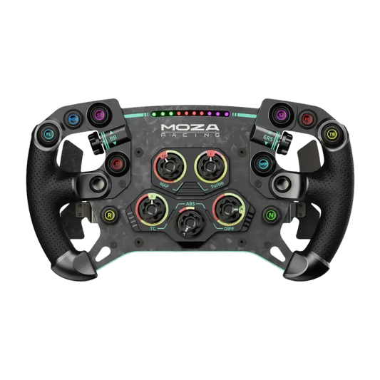 Moza Racing stuurwiel met zwart textiel en kleurrijke knoppen, voor formule 1 simulatie. Grote bedieningsknoppen en LED-verlichting voor race-game performance.
