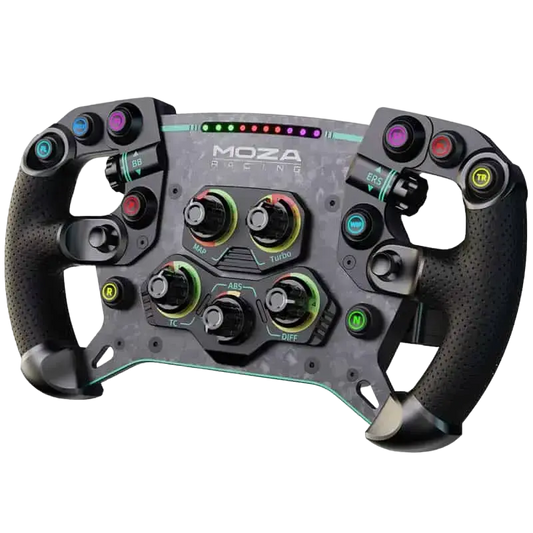 Moza Racing stuurwiel met kleurrijke LED-verlichting en gestikt zwart leer, uitgerust met meerdere knoppen en draaiknoppen voor racegame-ervaring. Geschikt voor F1-simulaties en professionele racegame-gebruik.