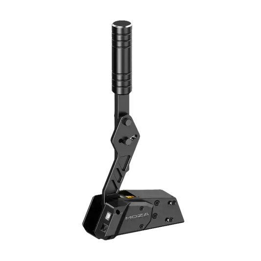 Zwart metalen MOZA stabilisatiesysteem met verstelbare arm en knoppen, geschikt voor videomakers. Compacte constructie voor professionele camera’s en stabilisatie in studio’s of op locatie.