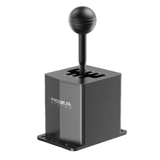 Zwart metalen schakelaar met bolvormige handgreep en “MOZA RACING” logo, geschikt voor racegames. Compacte, robuuste constructie voor realistische stuurervaring in racinggames.
