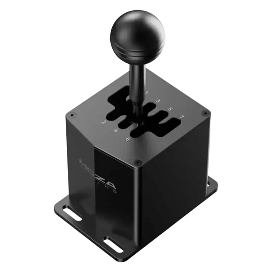 Zwart metalen schakelaar met bolvormige handgreep en “MOZA RACING” logo, geschikt voor race-game controllers. Compacte, robuuste constructie voor realistische stuurervaring in virtuele racingsimulatoren.