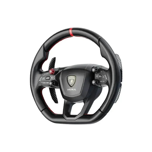 Zwart stuurwiel met rood accent en carbonlook, voorzien van multifunctionele knoppen en het Lamborghini-logo. Geschikt voor race- en gamingstoelen, met realistische details voor optimale stuurervaring.