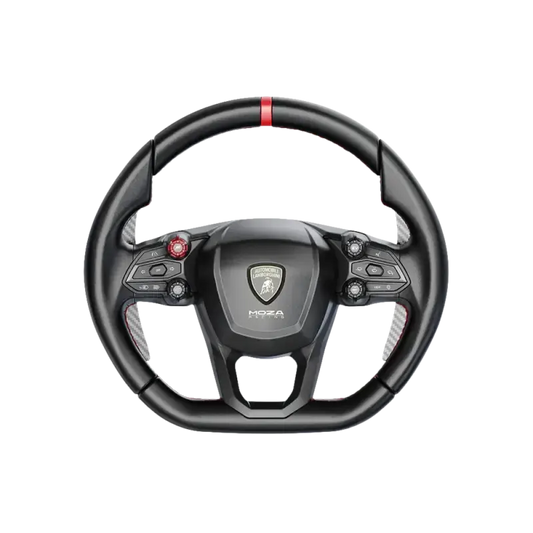 Zwart stuurwiel met rood accent en carbonlook, voorzien van multifunctionele knoppen en het Lamborghini-logo. Geschikt voor race- en gamingstoelen, met realistische details voor optimale simulatie.