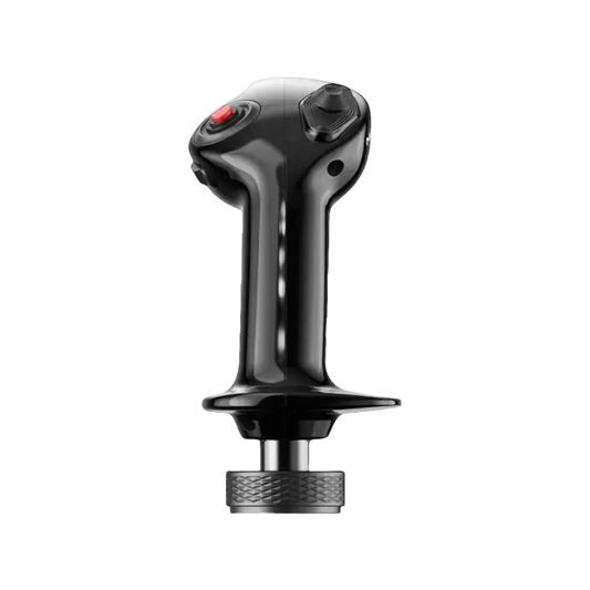 Zwart stuurwiel met rode knop en textuur, geschikt voor race- en vliegtuigspellen. Gemaakt van glanzend plastic met metalen onderdelen voor gaming.