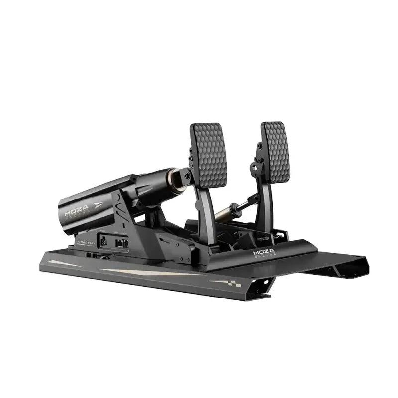 Zwart MOZA Racing mBooster stuurpedaal met textuurrijke voetplaat en zichtbare USB-throttle-knop. Geschikt voor race- en gamingstoelen met precisiebesturing.